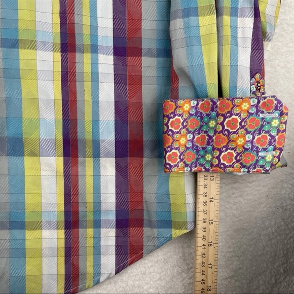 Robert Graham Shirt Mens XL Floral Orange Gingham Multicolored Flip Cuff Button - Picture 7 of 12